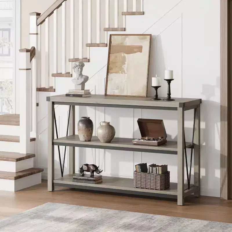 47 Inch Farmhouse Entryway Table, 3 Tier Wood Console Table with Storage, for Living Room, Hallway Table, Grey