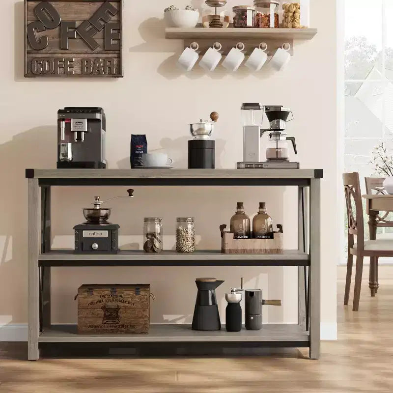 47 Inch Farmhouse Entryway Table, 3 Tier Wood Console Table with Storage, for Living Room, Hallway Table, Grey