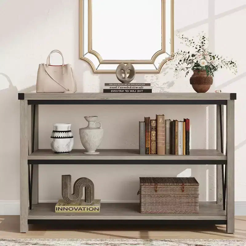 47 Inch Farmhouse Entryway Table, 3 Tier Wood Console Table with Storage, for Living Room, Hallway Table, Grey