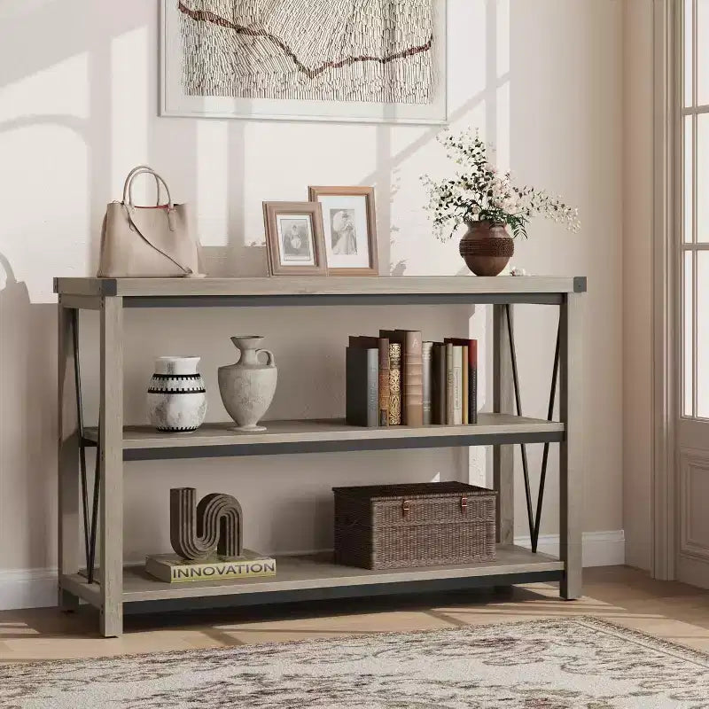47 Inch Farmhouse Entryway Table, 3 Tier Wood Console Table with Storage, for Living Room, Hallway Table, Grey