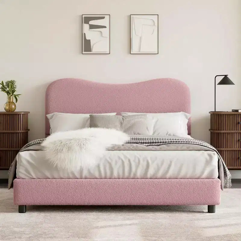 Twin/Full/ Queen Bed Frame with Cloud Boucle Upholstered Headboard, Low Profile Platform, Sturdy Wooden Slats, Noise Free, No Box Spring Needed