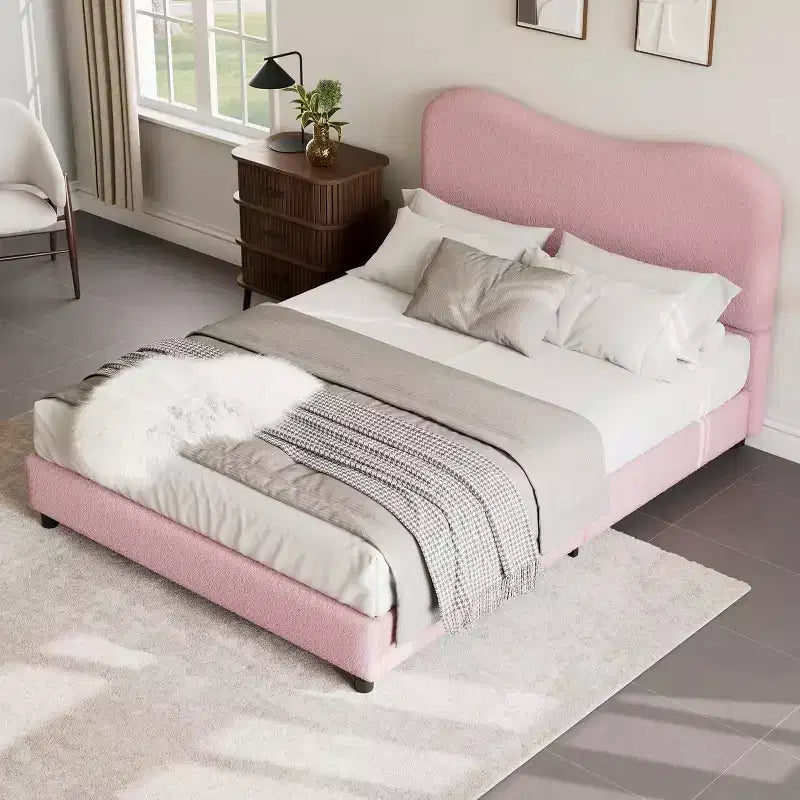Twin/Full/ Queen Bed Frame with Cloud Boucle Upholstered Headboard, Low Profile Platform, Sturdy Wooden Slats, Noise Free, No Box Spring Needed