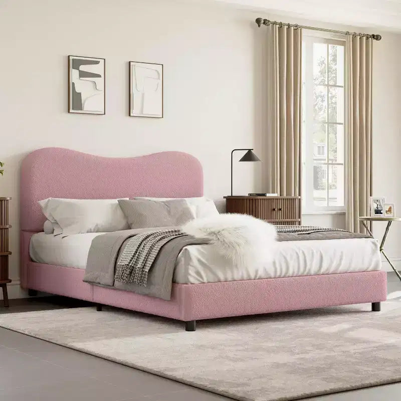 Twin/Full/ Queen Bed Frame with Cloud Boucle Upholstered Headboard, Low Profile Platform, Sturdy Wooden Slats, Noise Free, No Box Spring Needed