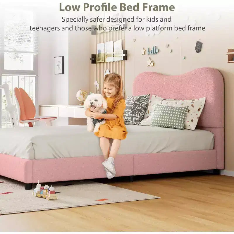 Twin/Full/ Queen Bed Frame with Cloud Boucle Upholstered Headboard, Low Profile Platform, Sturdy Wooden Slats, Noise Free, No Box Spring Needed