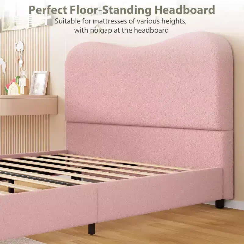 Twin/Full/ Queen Bed Frame with Cloud Boucle Upholstered Headboard, Low Profile Platform, Sturdy Wooden Slats, Noise Free, No Box Spring Needed