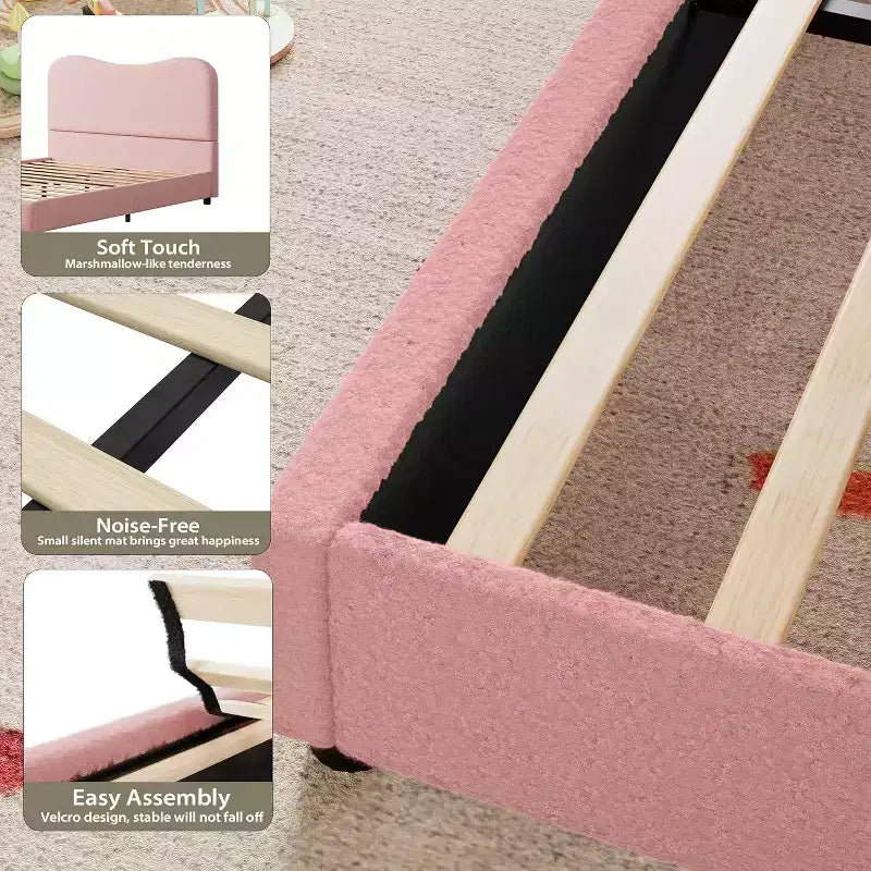 Twin/Full/ Queen Bed Frame with Cloud Boucle Upholstered Headboard, Low Profile Platform, Sturdy Wooden Slats, Noise Free, No Box Spring Needed