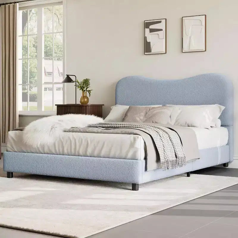 Twin/Full/ Queen Bed Frame with Cloud Boucle Upholstered Headboard, Low Profile Platform, Sturdy Wooden Slats, Noise Free, No Box Spring Needed