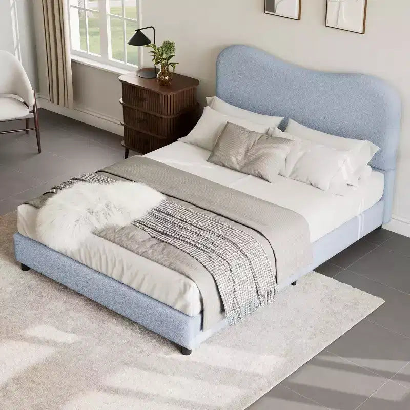 Twin/Full/ Queen Bed Frame with Cloud Boucle Upholstered Headboard, Low Profile Platform, Sturdy Wooden Slats, Noise Free, No Box Spring Needed