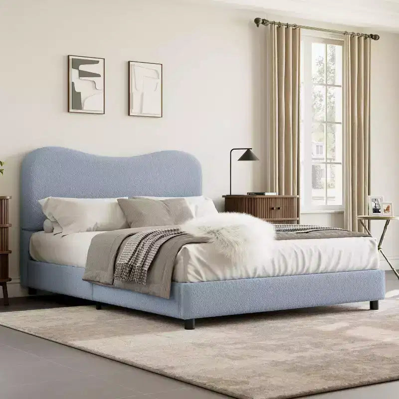 Twin/Full/ Queen Bed Frame with Cloud Boucle Upholstered Headboard, Low Profile Platform, Sturdy Wooden Slats, Noise Free, No Box Spring Needed