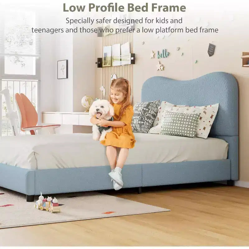 Twin/Full/ Queen Bed Frame with Cloud Boucle Upholstered Headboard, Low Profile Platform, Sturdy Wooden Slats, Noise Free, No Box Spring Needed