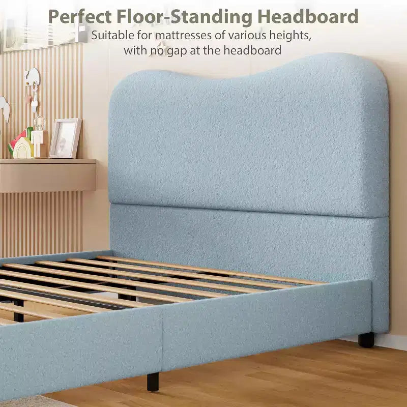 Twin/Full/ Queen Bed Frame with Cloud Boucle Upholstered Headboard, Low Profile Platform, Sturdy Wooden Slats, Noise Free, No Box Spring Needed