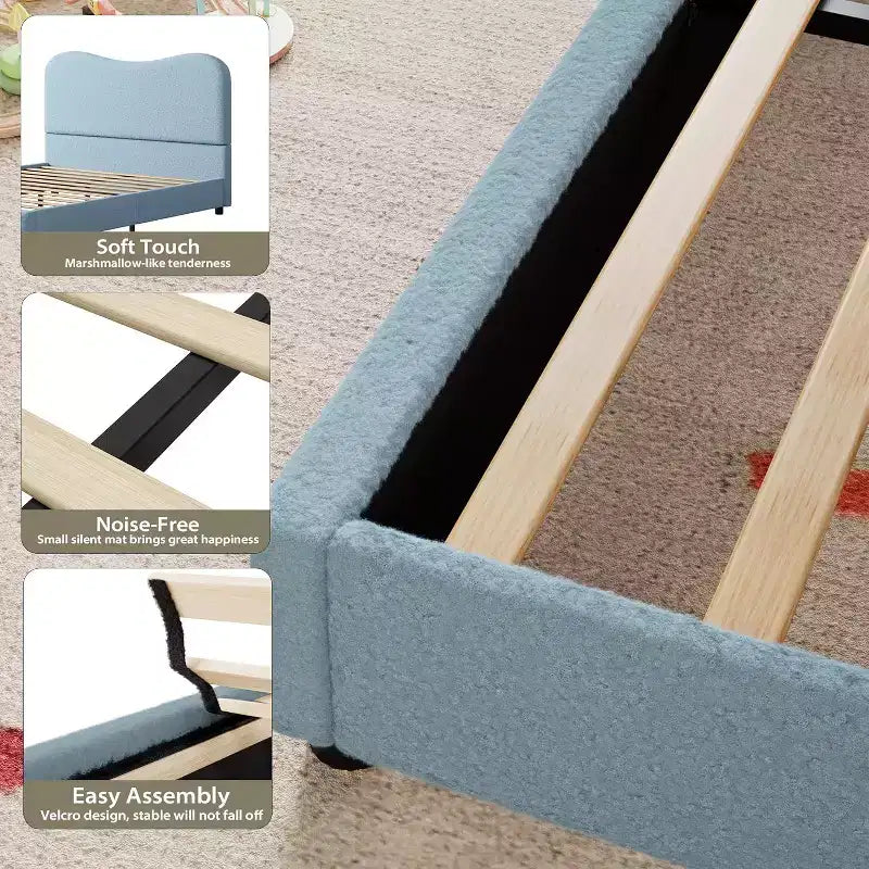 Twin/Full/ Queen Bed Frame with Cloud Boucle Upholstered Headboard, Low Profile Platform, Sturdy Wooden Slats, Noise Free, No Box Spring Needed