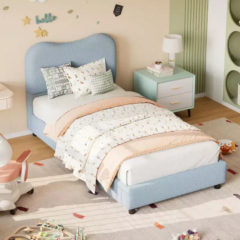 Twin/Full/ Queen Bed Frame with Cloud Boucle Upholstered Headboard, Low Profile Platform, Sturdy Wooden Slats, Noise Free, No Box Spring Needed