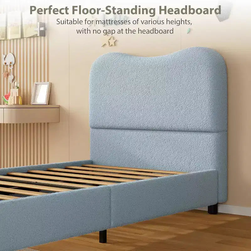 Twin/Full/ Queen Bed Frame with Cloud Boucle Upholstered Headboard, Low Profile Platform, Sturdy Wooden Slats, Noise Free, No Box Spring Needed