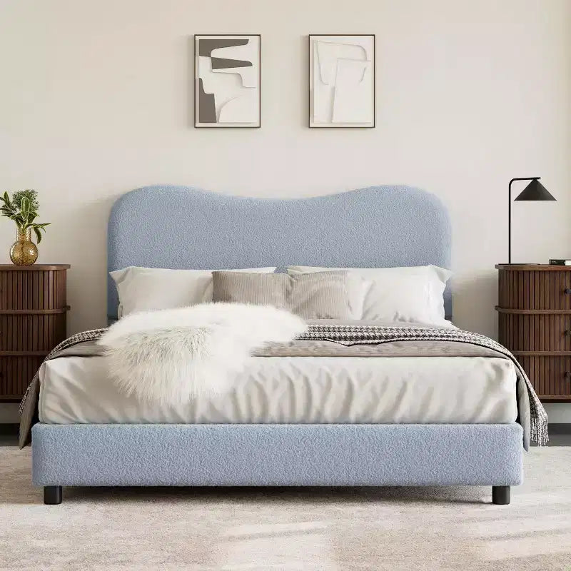 Twin/Full/ Queen Bed Frame with Cloud Boucle Upholstered Headboard, Low Profile Platform, Sturdy Wooden Slats, Noise Free, No Box Spring Needed