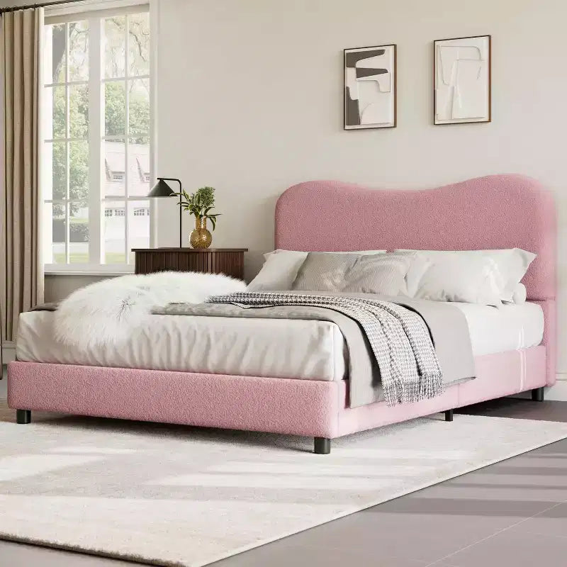 Twin/Full/ Queen Bed Frame with Cloud Boucle Upholstered Headboard, Low Profile Platform, Sturdy Wooden Slats, Noise Free, No Box Spring Needed