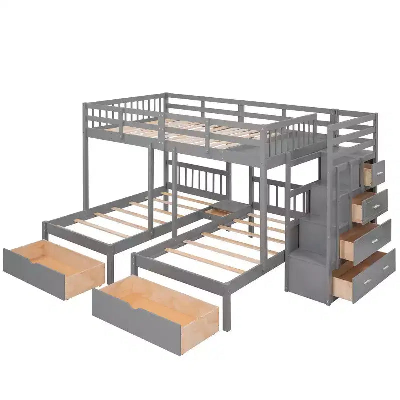 Merax Full Over Twin & Twin Triple Bunk Bed with Storage Stairs