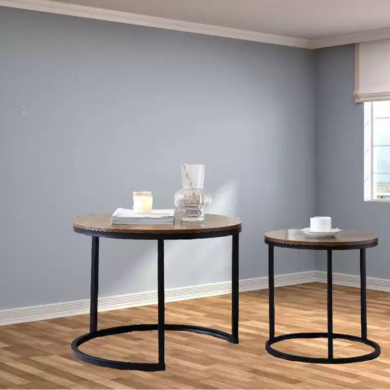Nesting Table Set of 2, Round Nesting Coffee Table with Wood Tabletop & Metal Frame, Circle Coffee Tables for Home Office Living Room Bedroom
