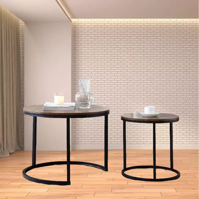 Nesting Table Set of 2, Round Nesting Coffee Table with Wood Tabletop & Metal Frame, Circle Coffee Tables for Home Office Living Room Bedroom