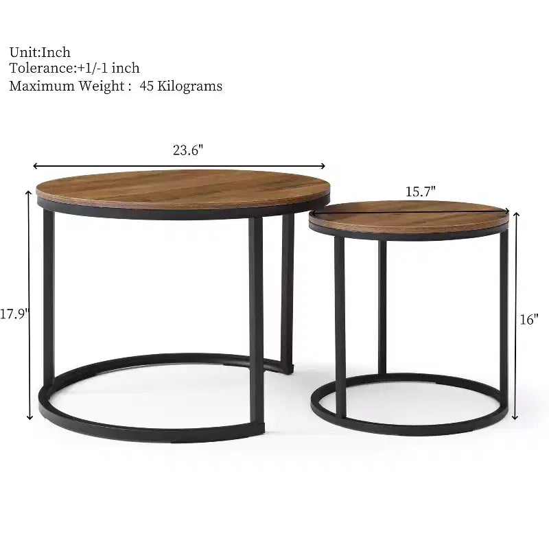 Nesting Table Set of 2, Round Nesting Coffee Table with Wood Tabletop & Metal Frame, Circle Coffee Tables for Home Office Living Room Bedroom