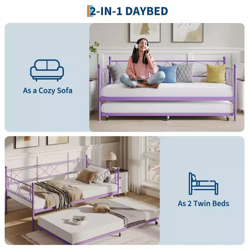 Twin daybed with Trundle, Daybed and Trundle Set, Day Bed Sofa Bed Frame with Steel Slat Support