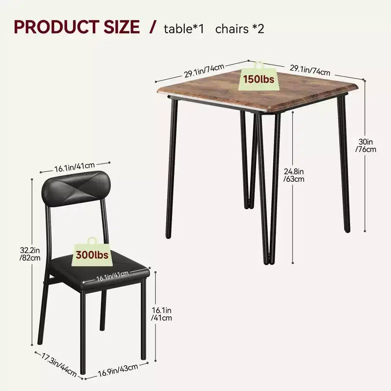 Salutmeuble Dining Table Set for 2, 3-Piece Kitchen Dining Set, Dining Room Table Set with 2 Upholstered Chairs for Small Room Kitchen Apartment
