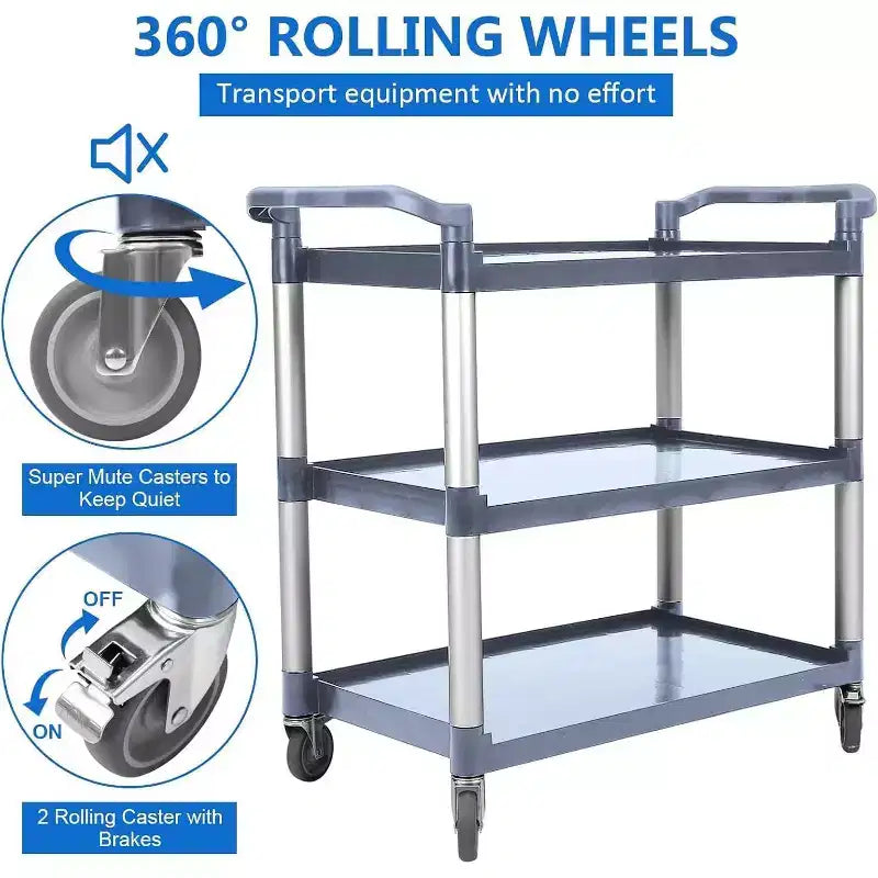 GustoWave 3-Tier Commercial Multifunctional Service Cart with Wheels for Kitchen Bar Office