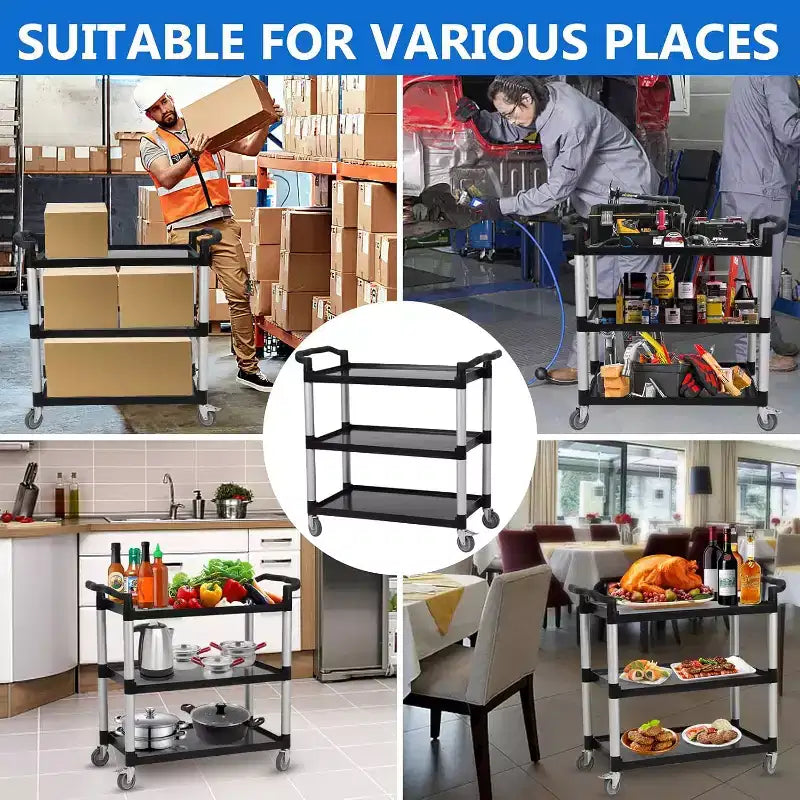 GustoWave 3-Tier Commercial Multifunctional Service Cart with Wheels for Kitchen Bar Office