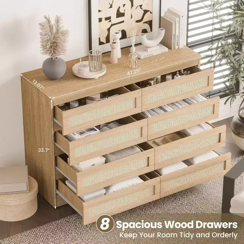 CuisinSmart 8 Drawer Dresser, Modern Rattan Double Dresser, Wood Chest of Drawers for Bedroom, TV Stand Dresser Accent Furniture