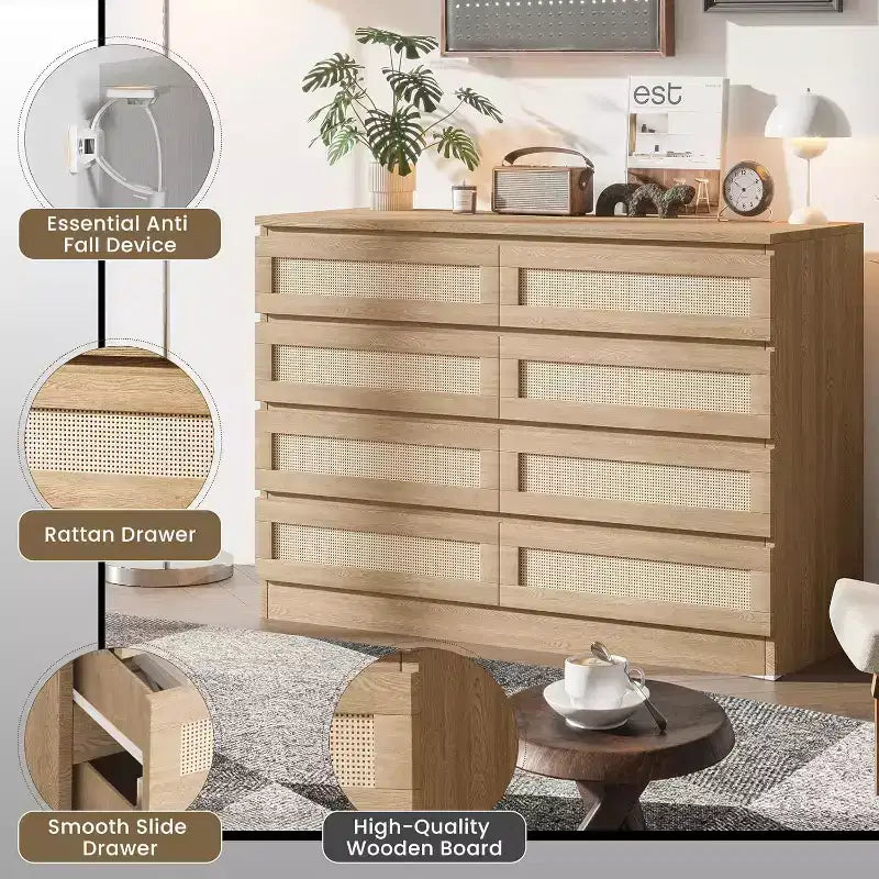 CuisinSmart 8 Drawer Dresser, Modern Rattan Double Dresser, Wood Chest of Drawers for Bedroom, TV Stand Dresser Accent Furniture