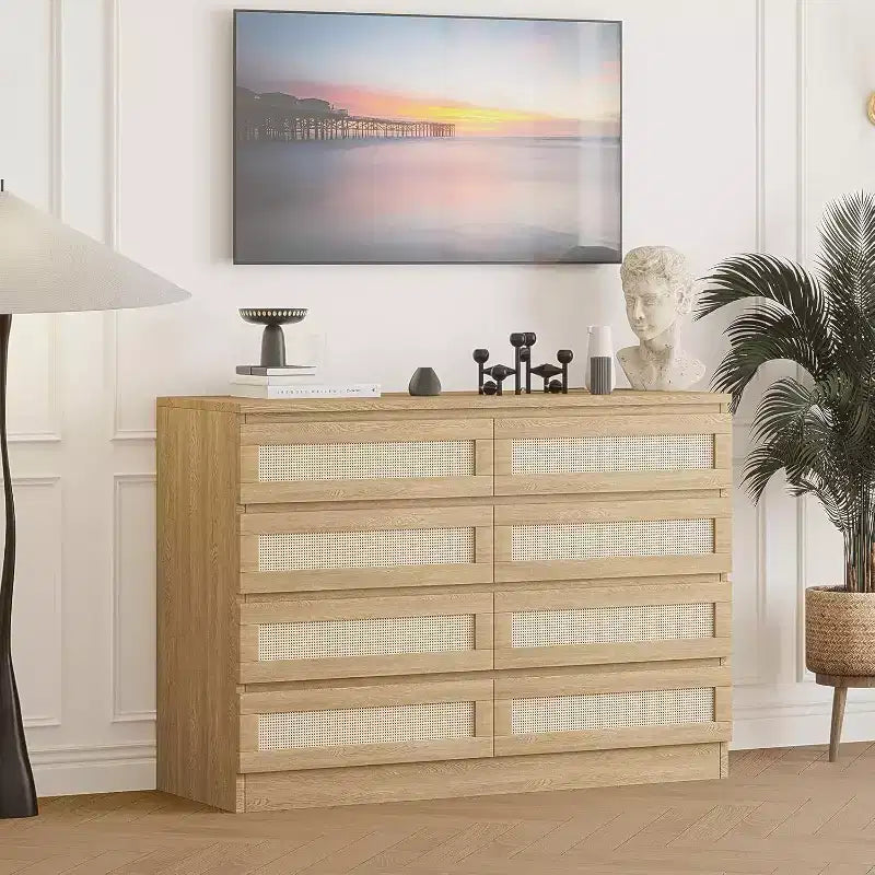 CuisinSmart 8 Drawer Dresser, Modern Rattan Double Dresser, Wood Chest of Drawers for Bedroom, TV Stand Dresser Accent Furniture
