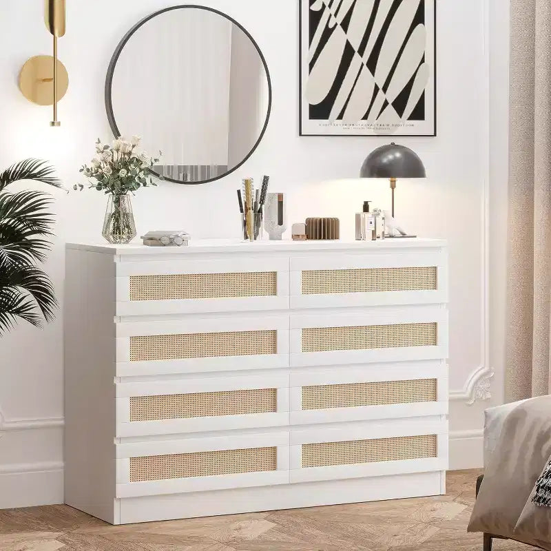 CuisinSmart 8 Drawer Dresser, Modern Rattan Double Dresser, Wood Chest of Drawers for Bedroom, TV Stand Dresser Accent Furniture