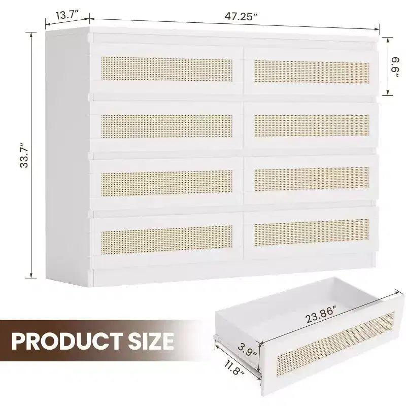 CuisinSmart 8 Drawer Dresser, Modern Rattan Double Dresser, Wood Chest of Drawers for Bedroom, TV Stand Dresser Accent Furniture