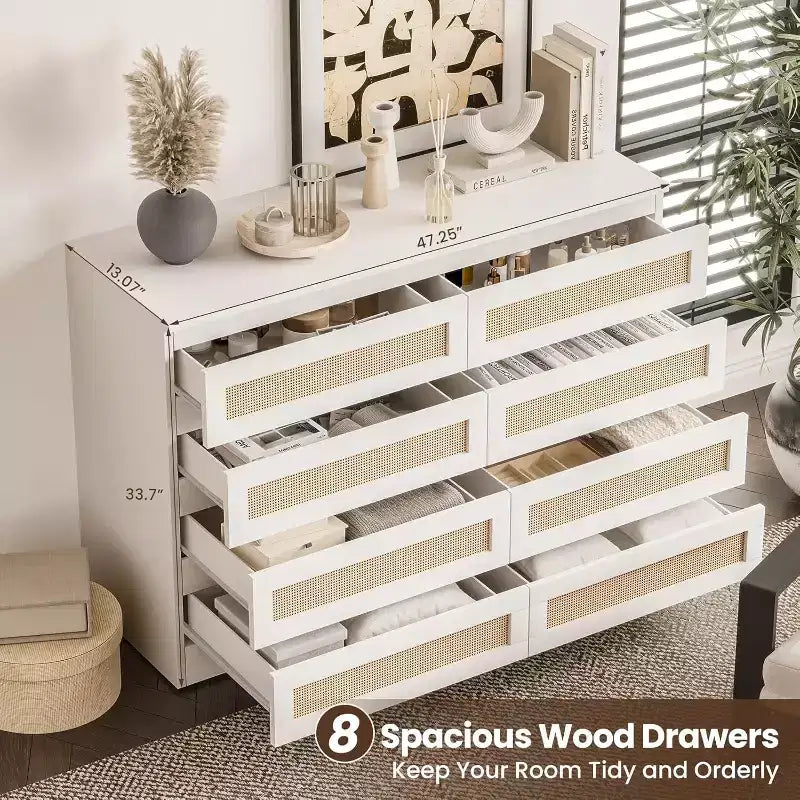 CuisinSmart 8 Drawer Dresser, Modern Rattan Double Dresser, Wood Chest of Drawers for Bedroom, TV Stand Dresser Accent Furniture