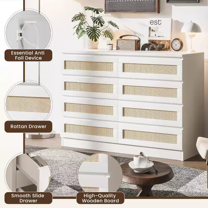 CuisinSmart 8 Drawer Dresser, Modern Rattan Double Dresser, Wood Chest of Drawers for Bedroom, TV Stand Dresser Accent Furniture