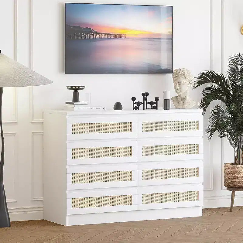 CuisinSmart 8 Drawer Dresser, Modern Rattan Double Dresser, Wood Chest of Drawers for Bedroom, TV Stand Dresser Accent Furniture