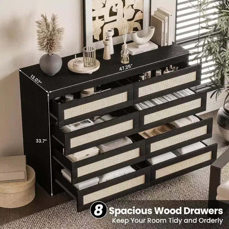 CuisinSmart 8 Drawer Dresser, Modern Rattan Double Dresser, Wood Chest of Drawers for Bedroom, TV Stand Dresser Accent Furniture