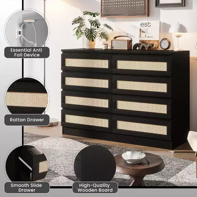 CuisinSmart 8 Drawer Dresser, Modern Rattan Double Dresser, Wood Chest of Drawers for Bedroom, TV Stand Dresser Accent Furniture