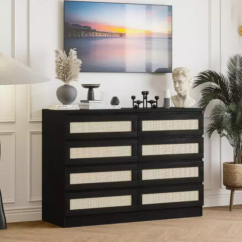 CuisinSmart 8 Drawer Dresser, Modern Rattan Double Dresser, Wood Chest of Drawers for Bedroom, TV Stand Dresser Accent Furniture