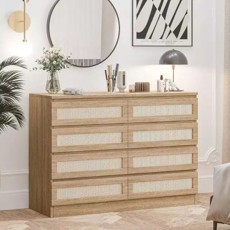 CuisinSmart 8 Drawer Dresser, Modern Rattan Double Dresser, Wood Chest of Drawers for Bedroom, TV Stand Dresser Accent Furniture