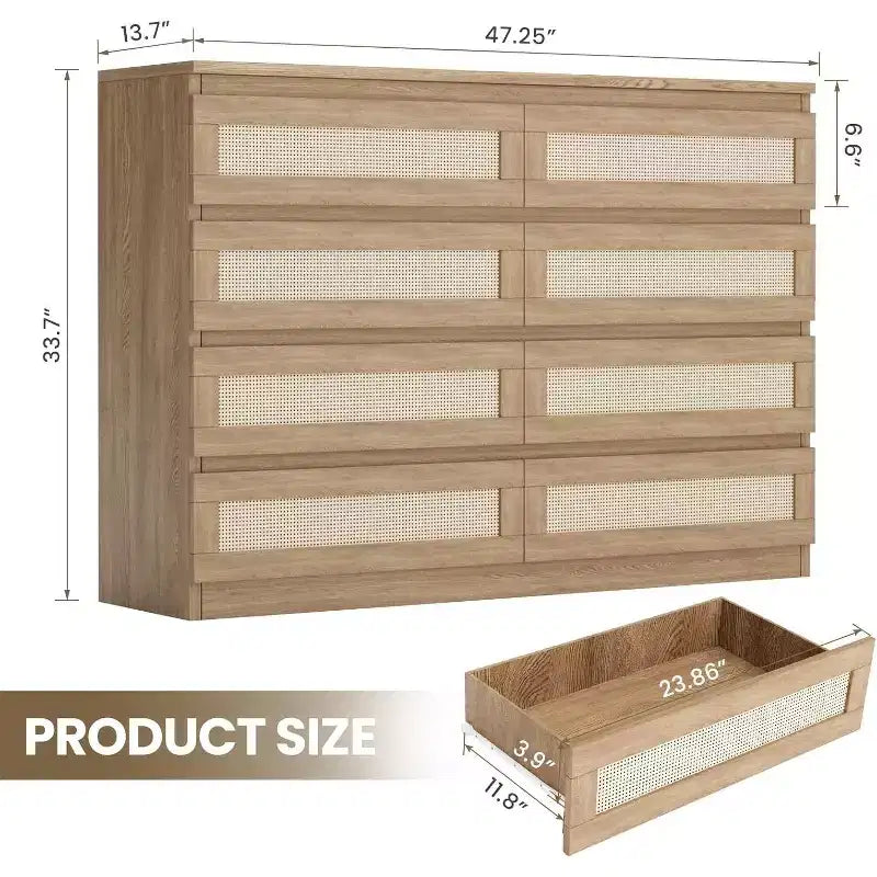 CuisinSmart 8 Drawer Dresser, Modern Rattan Double Dresser, Wood Chest of Drawers for Bedroom, TV Stand Dresser Accent Furniture