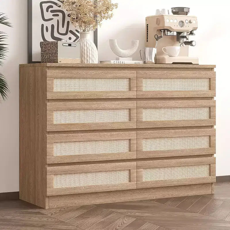 CuisinSmart 8 Drawer Dresser, Modern Rattan Double Dresser, Wood Chest of Drawers for Bedroom, TV Stand Dresser Accent Furniture