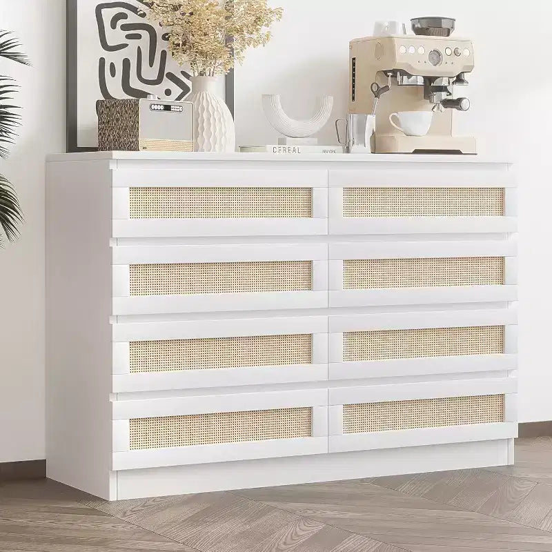 CuisinSmart 8 Drawer Dresser, Modern Rattan Double Dresser, Wood Chest of Drawers for Bedroom, TV Stand Dresser Accent Furniture