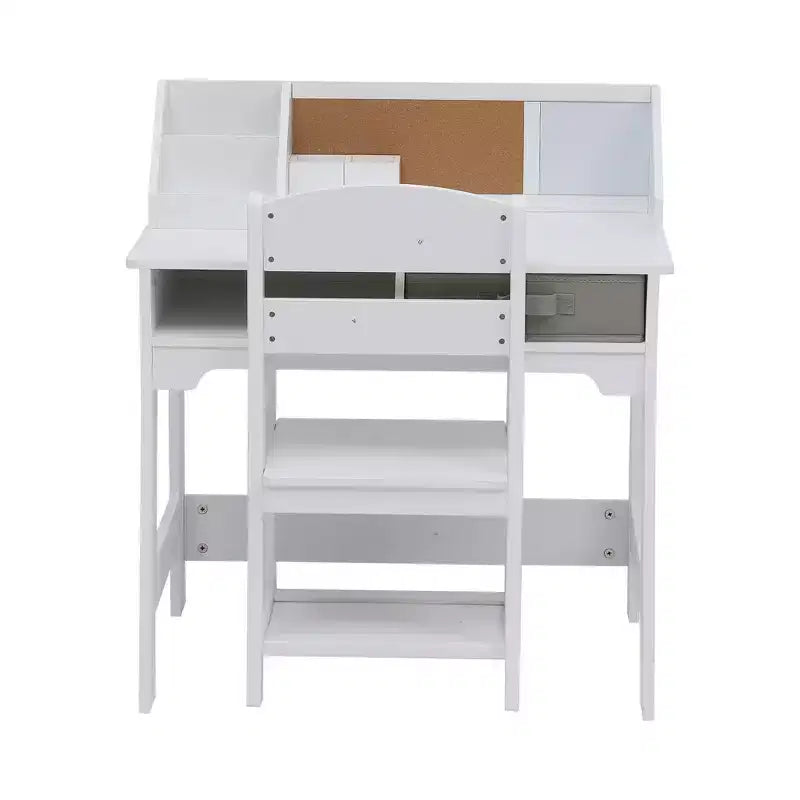 Kids Desk and Chair Set, Wooden Study Table with Storage Bins, Bookshelf, Bulletin Board, and Pen Holder, Writing Table for Boys and Girls, White