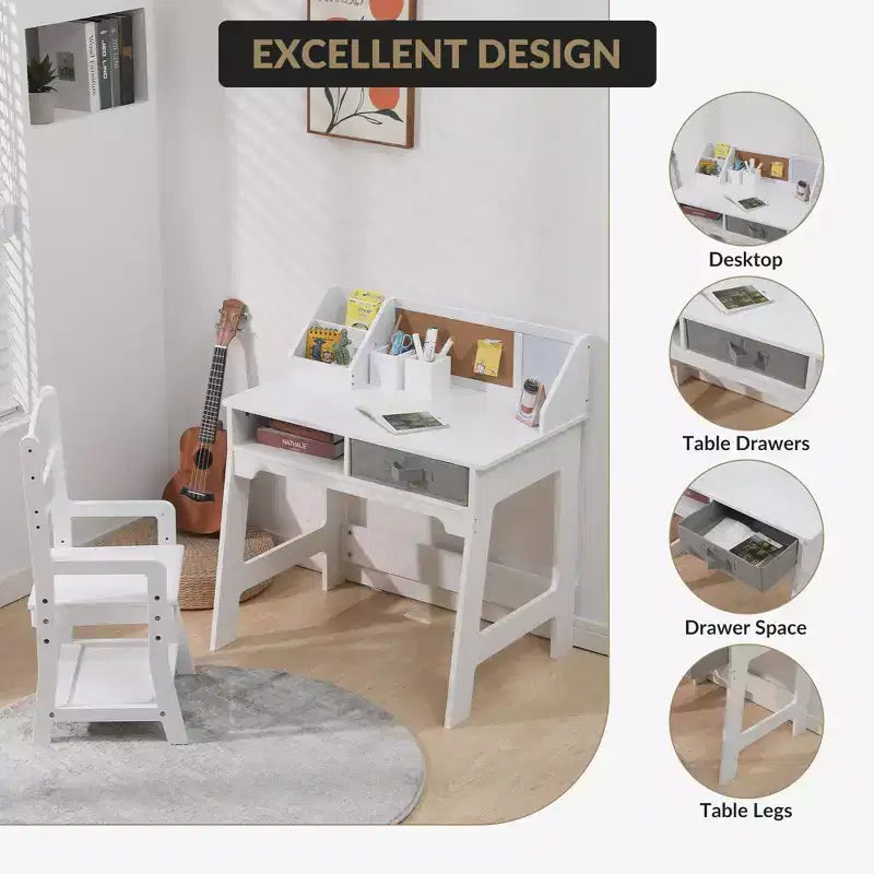 Kids Desk and Chair Set, Wooden Study Table with Storage Bins, Bookshelf, Bulletin Board, and Pen Holder, Writing Table for Boys and Girls, White