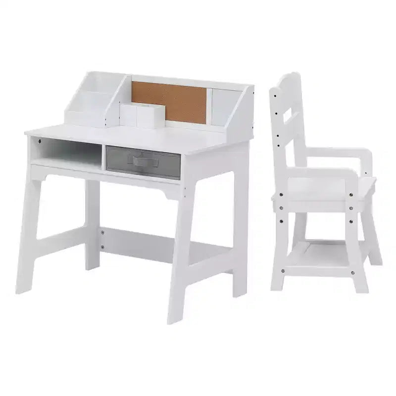 Kids Desk and Chair Set, Wooden Study Table with Storage Bins, Bookshelf, Bulletin Board, and Pen Holder, Writing Table for Boys and Girls, White