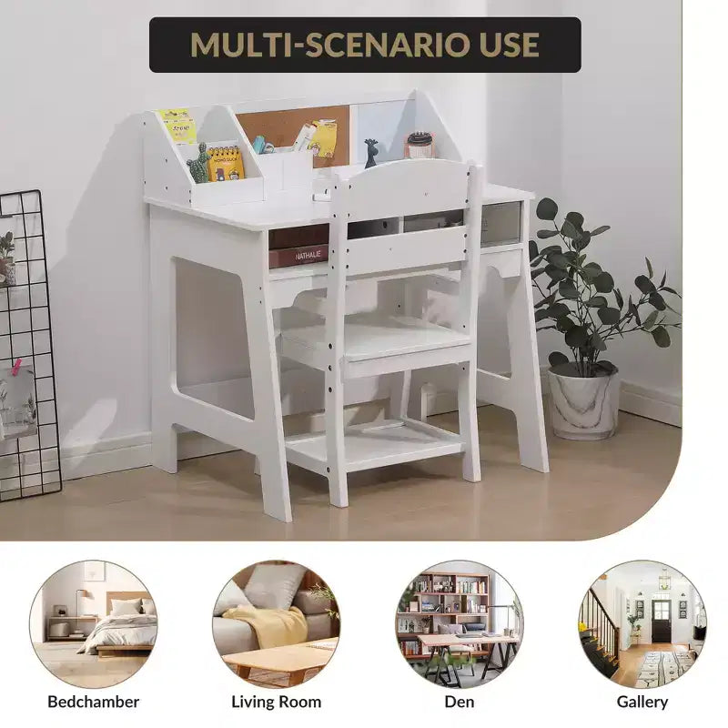 Kids Desk and Chair Set, Wooden Study Table with Storage Bins, Bookshelf, Bulletin Board, and Pen Holder, Writing Table for Boys and Girls, White