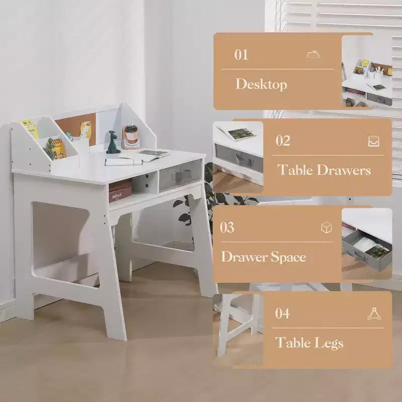 Kids Desk and Chair Set, Wooden Study Table with Storage Bins, Bookshelf, Bulletin Board, and Pen Holder, Writing Table for Boys and Girls, White