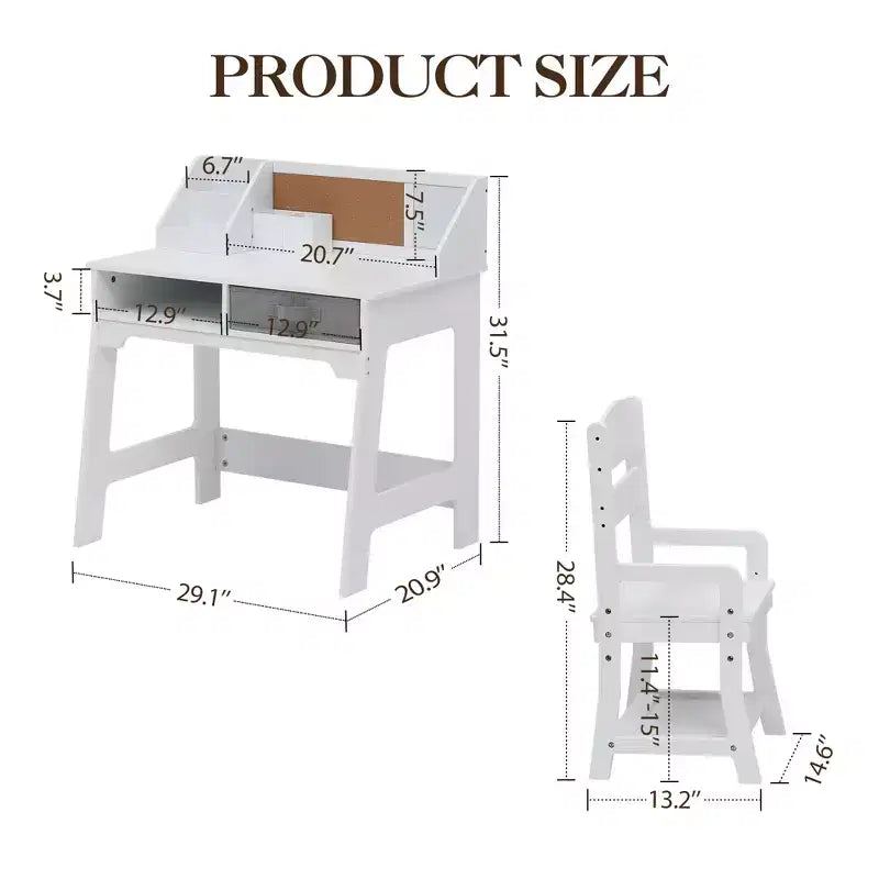 Kids Desk and Chair Set, Wooden Study Table with Storage Bins, Bookshelf, Bulletin Board, and Pen Holder, Writing Table for Boys and Girls, White