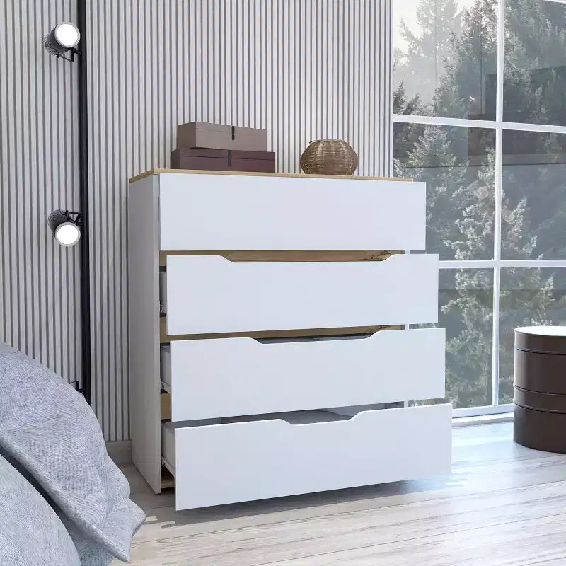 Okak 4-Drawer Dresser Ample Storage with Spacious Drawers, Sturdy Manufactured Wood, Superior Top for Versatile Home Spaces